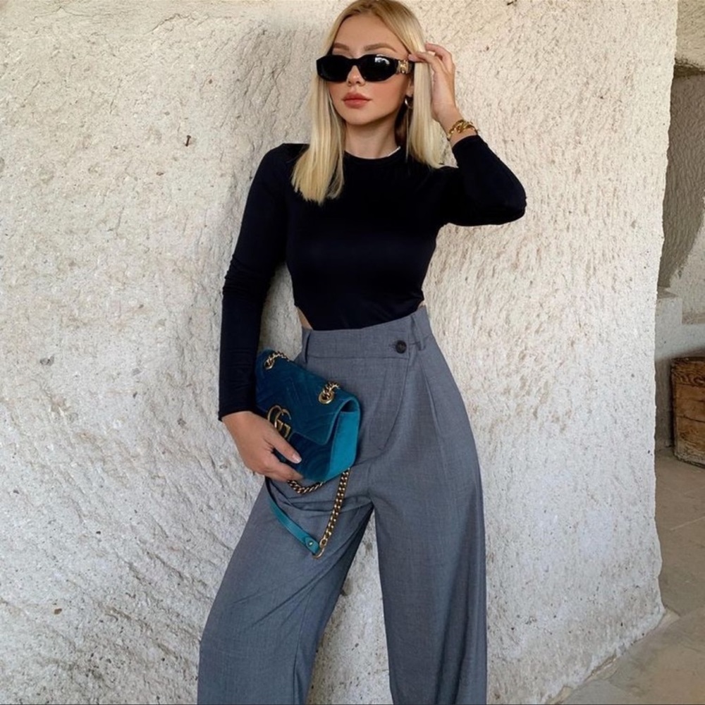 Zara Asymmetric Wide Leg Trousers Pants Gray XXS